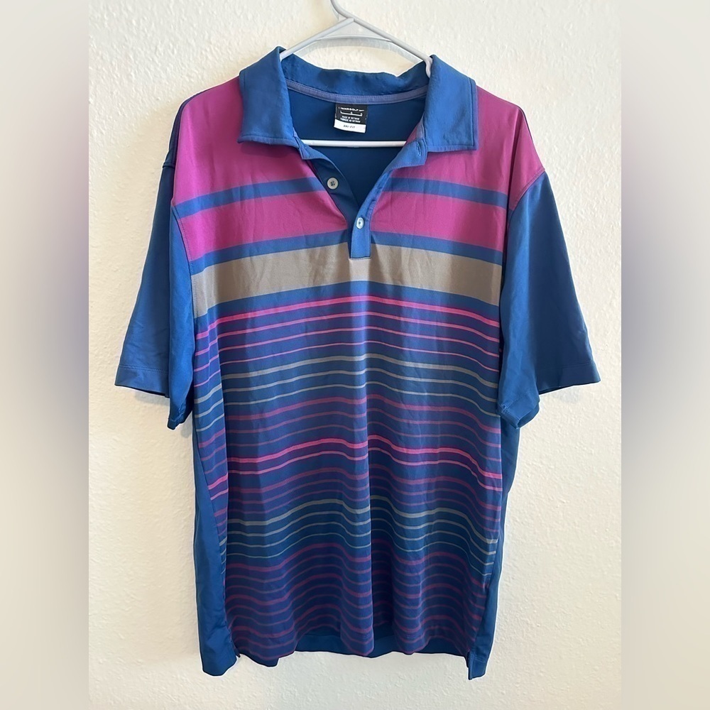 Nike Mens Polo Shirt Large Blue Pink DriFit Short Sleeve Casual Golfer Outdoor